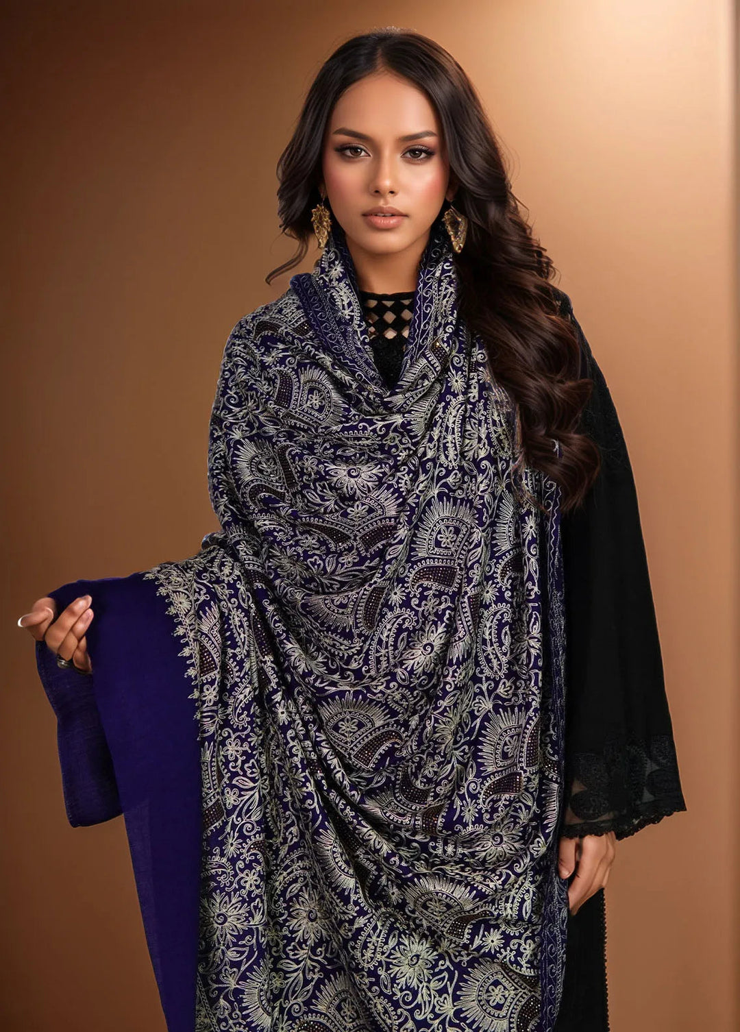 Sanaulla Exclusive Range Pashmina Shawl MAMA D-1 Navy Blue - Winter Collection