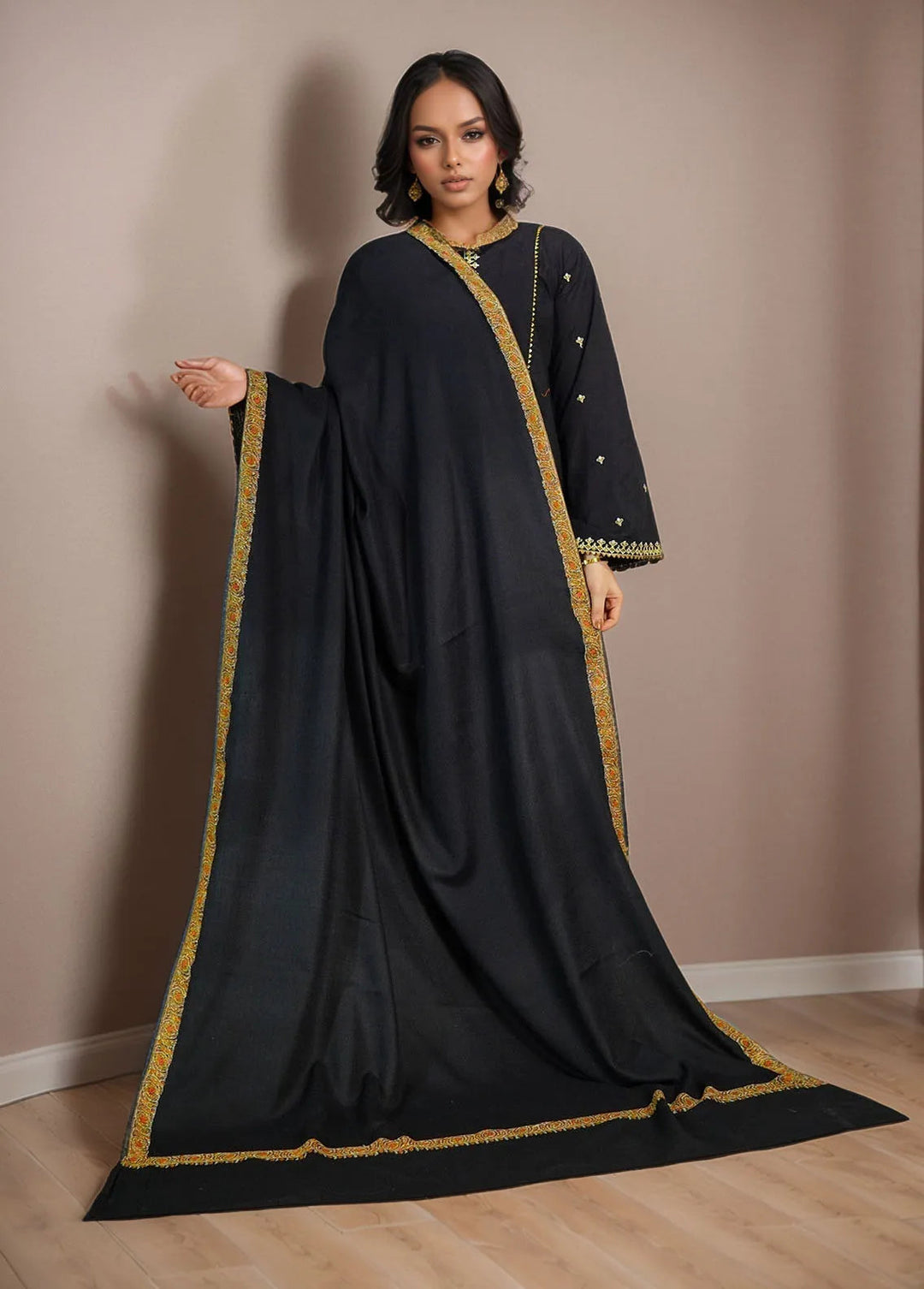 Sanaulla Exclusive Range Pashmina Shawl MAMA D-11 Black - Winter Collection