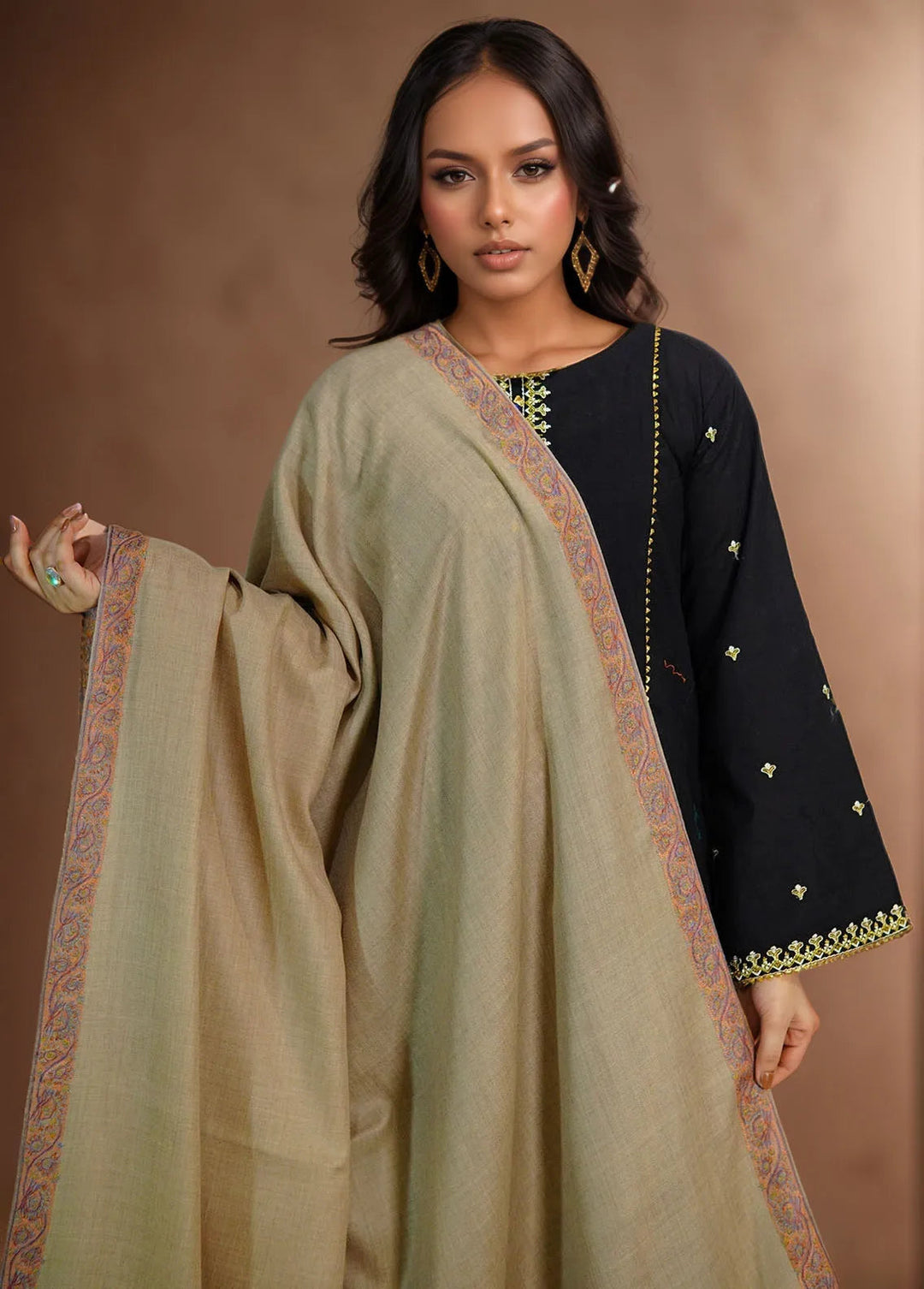 Sanaulla Exclusive Range Pashmina Shawl MAMA D-11 Dark Brown - Winter Collection