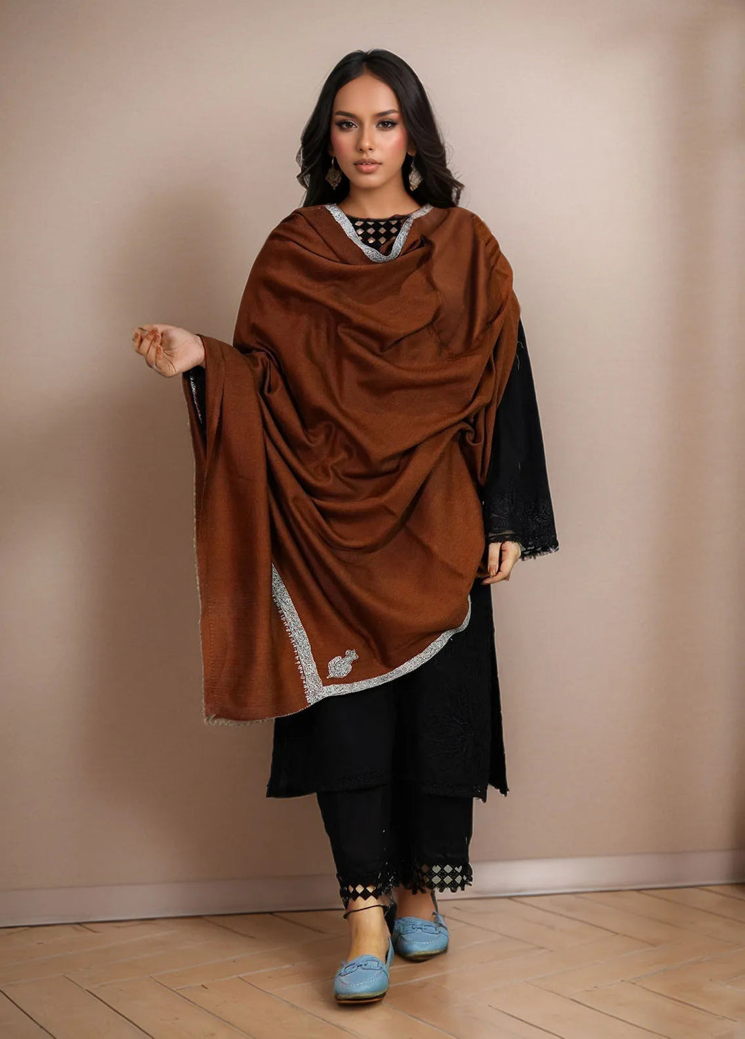 Sanaulla Exclusive Range Pashmina Shawl MAMA D-2 Brown - Winter Collection