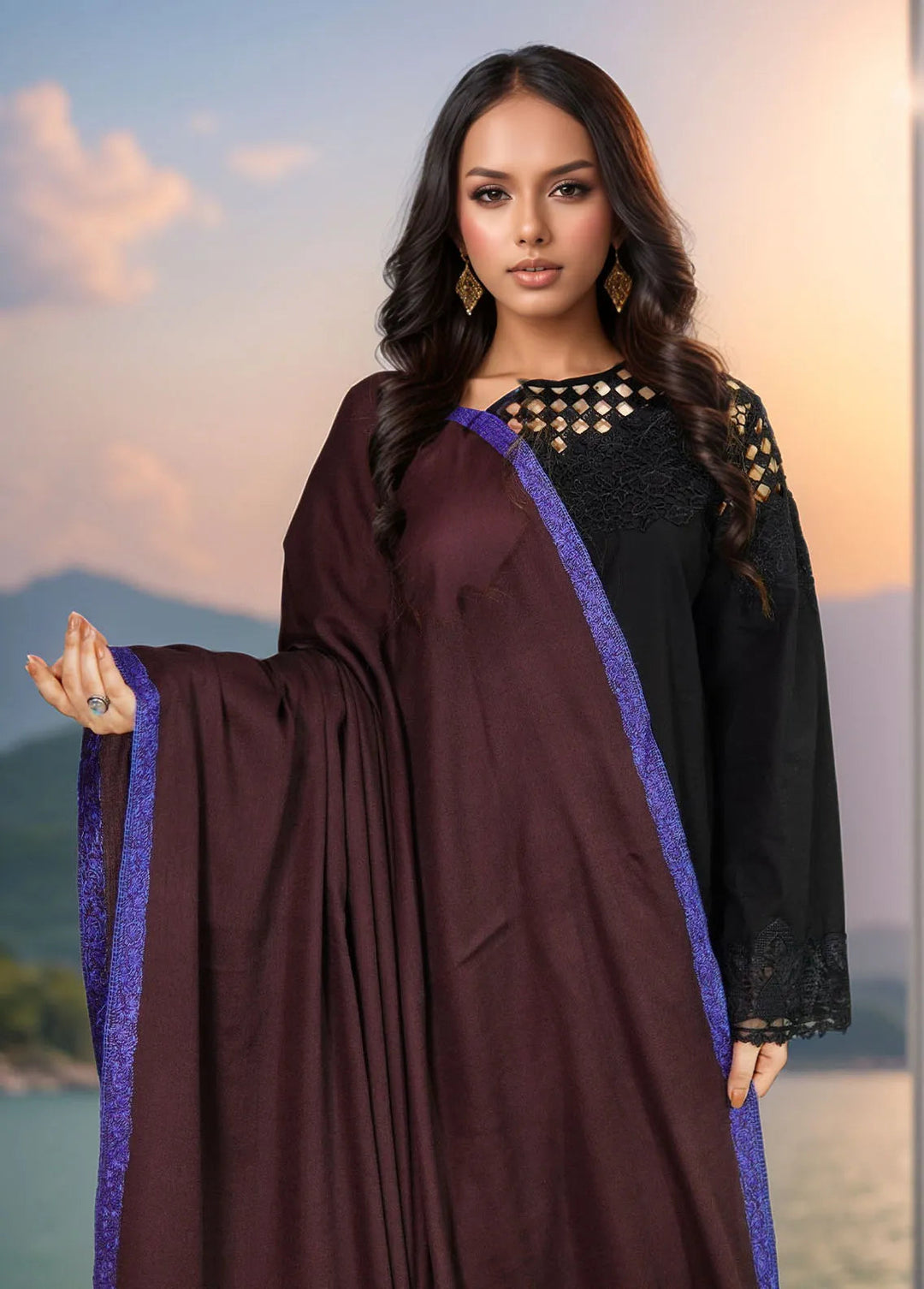 Sanaulla Exclusive Range Pashmina Shawl MAMA D-2 Dark Brown - Winter Collection