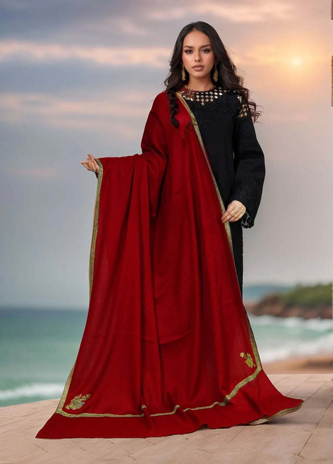 Sanaulla Exclusive Range Pashmina Shawl MAMA D-2 Mehroon 2 - Winter Collection