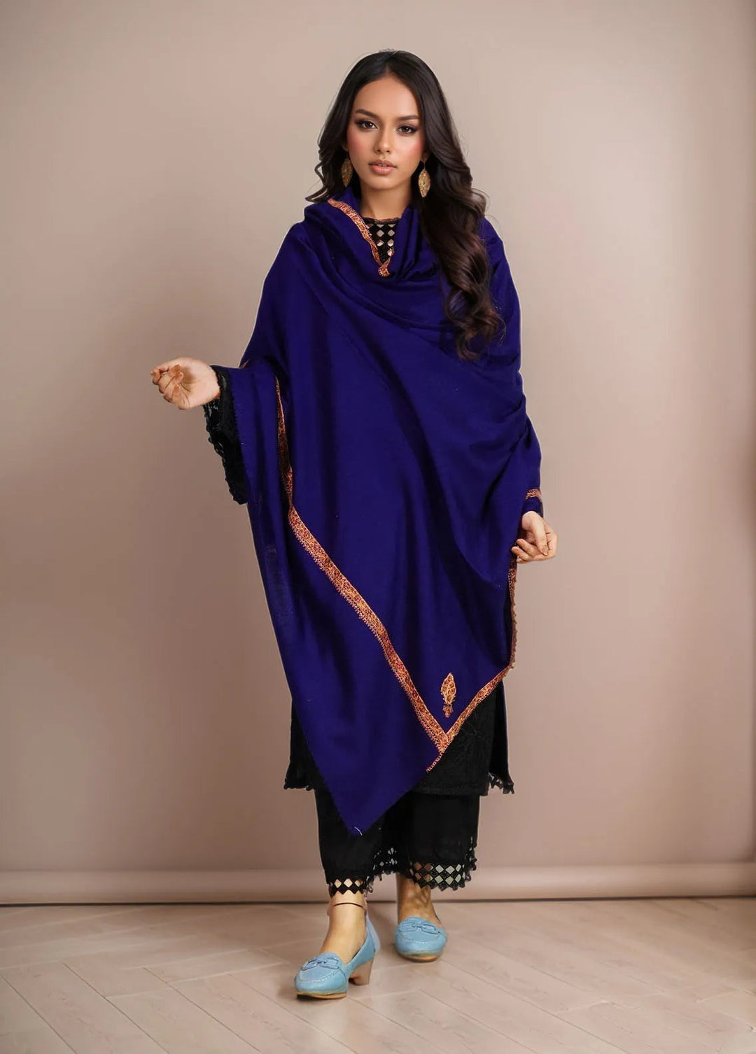 Sanaulla Exclusive Range Pashmina Shawl MAMA D-2 Navy Blue - Winter Collection