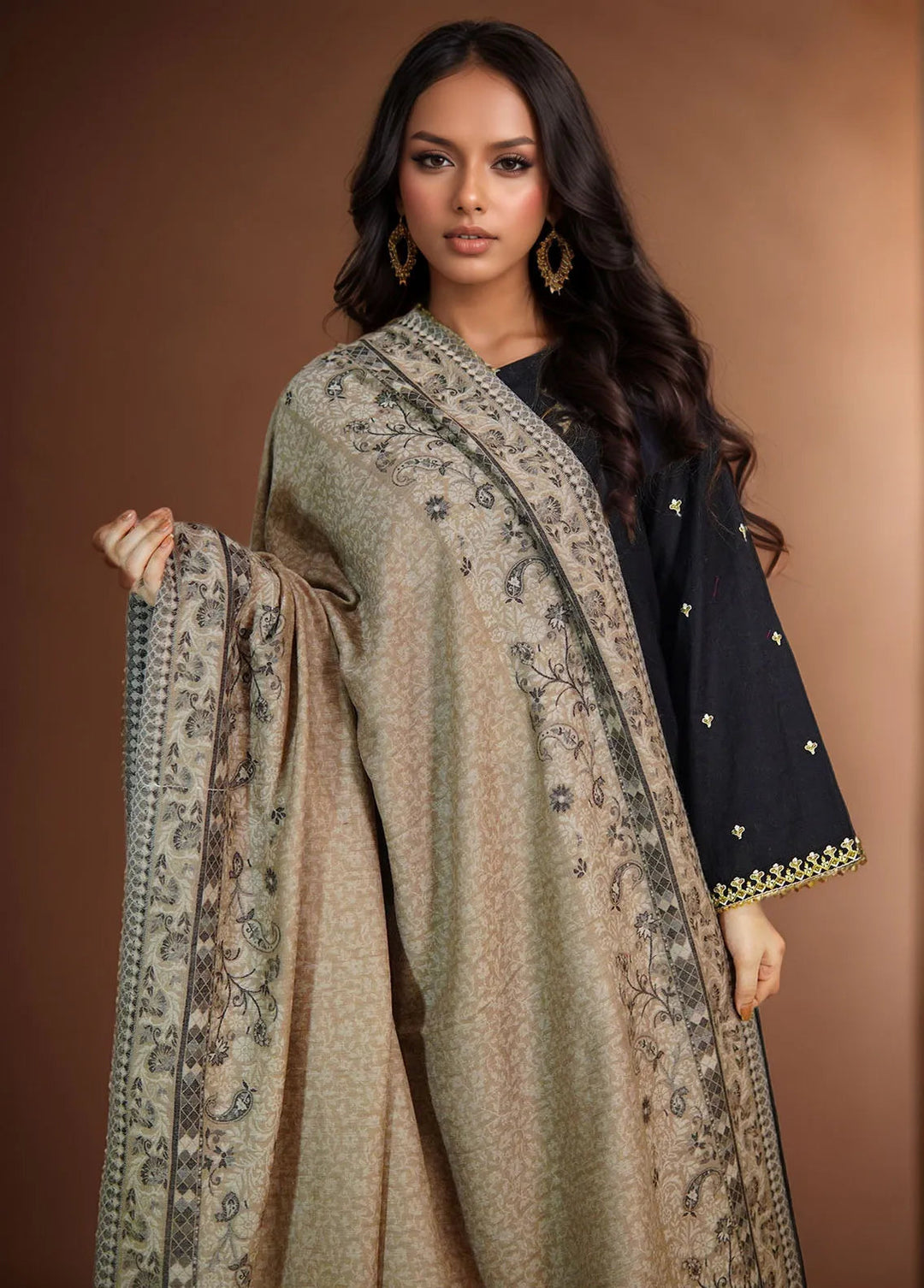 Sanaulla Exclusive Range Pashmina Shawl MAMA D-24 Brown - Winter Collection