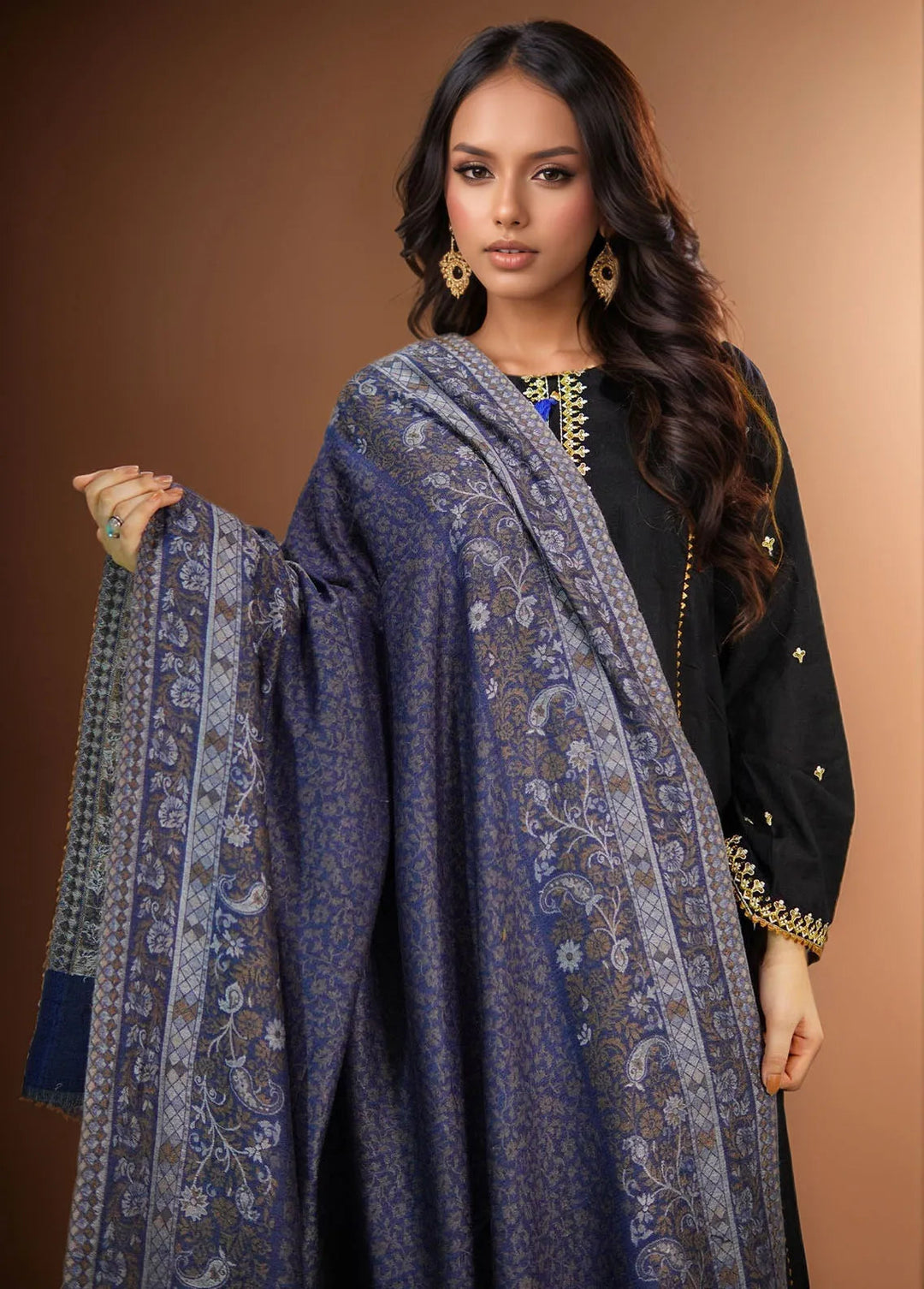Sanaulla Exclusive Range Pashmina Shawl MAMA D-24 Navy Blue - Winter Collection
