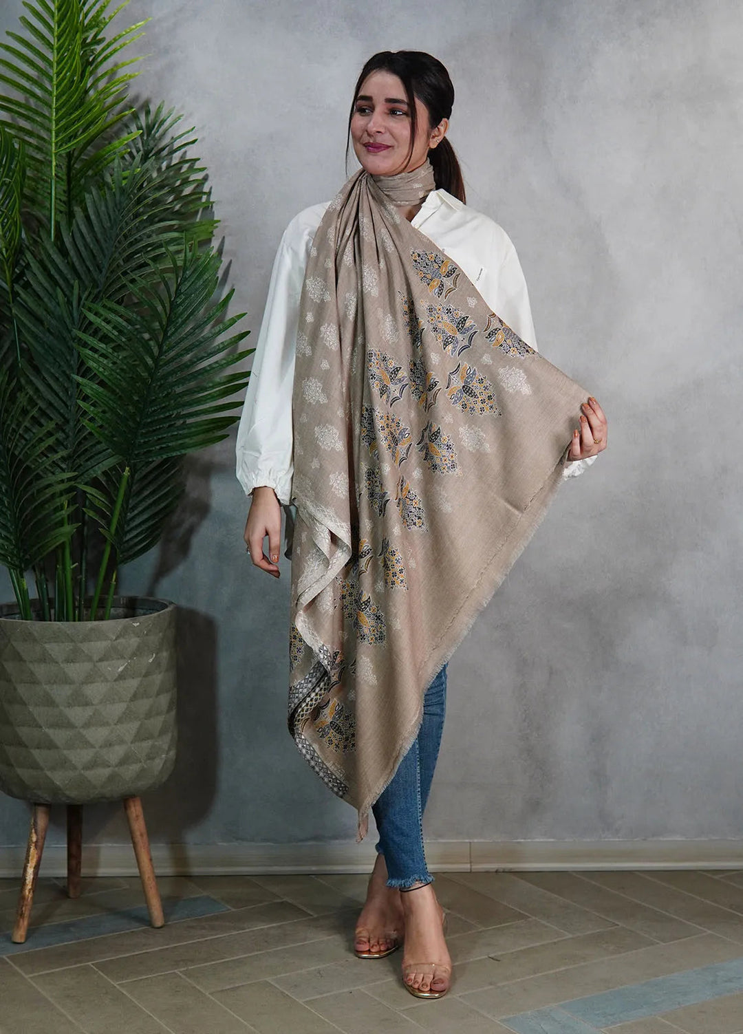Sanaulla Exclusive Range Pashmina Shawl MAMA D-3 Light Brown - Winter Collection