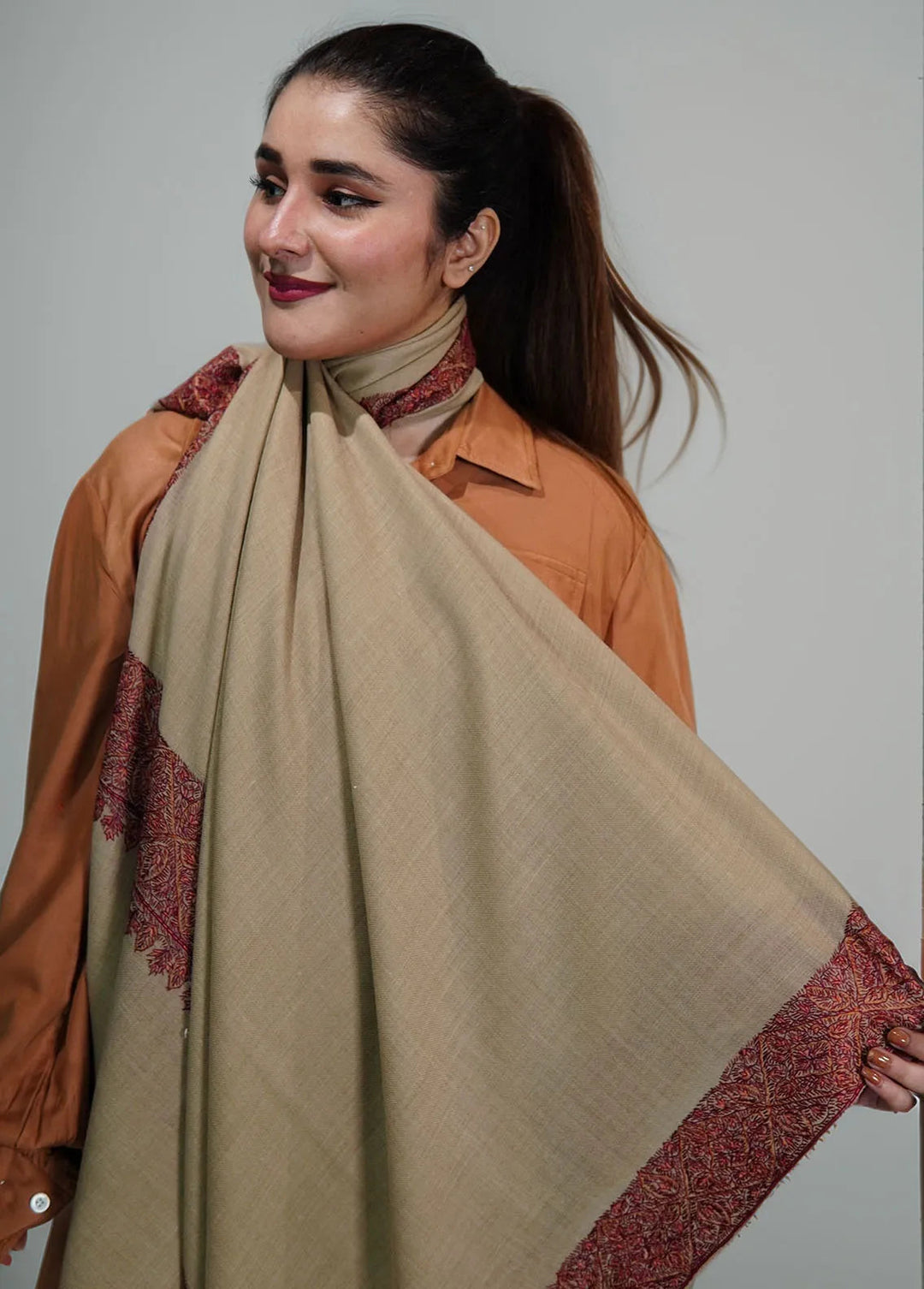 Sanaulla Exclusive Range Pashmina Shawl MAMA D-5 Brown - Winter Collection