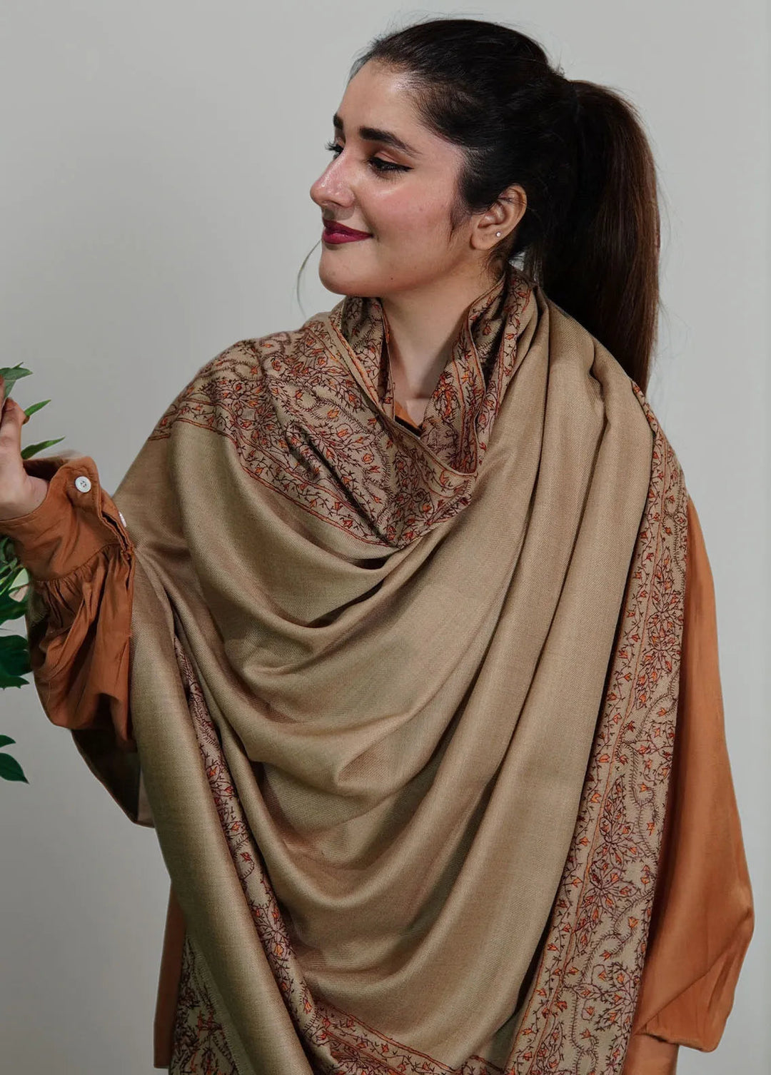 Sanaulla Exclusive Range Pashmina Shawl MAMA D-5 Dark Brown - Winter Collection