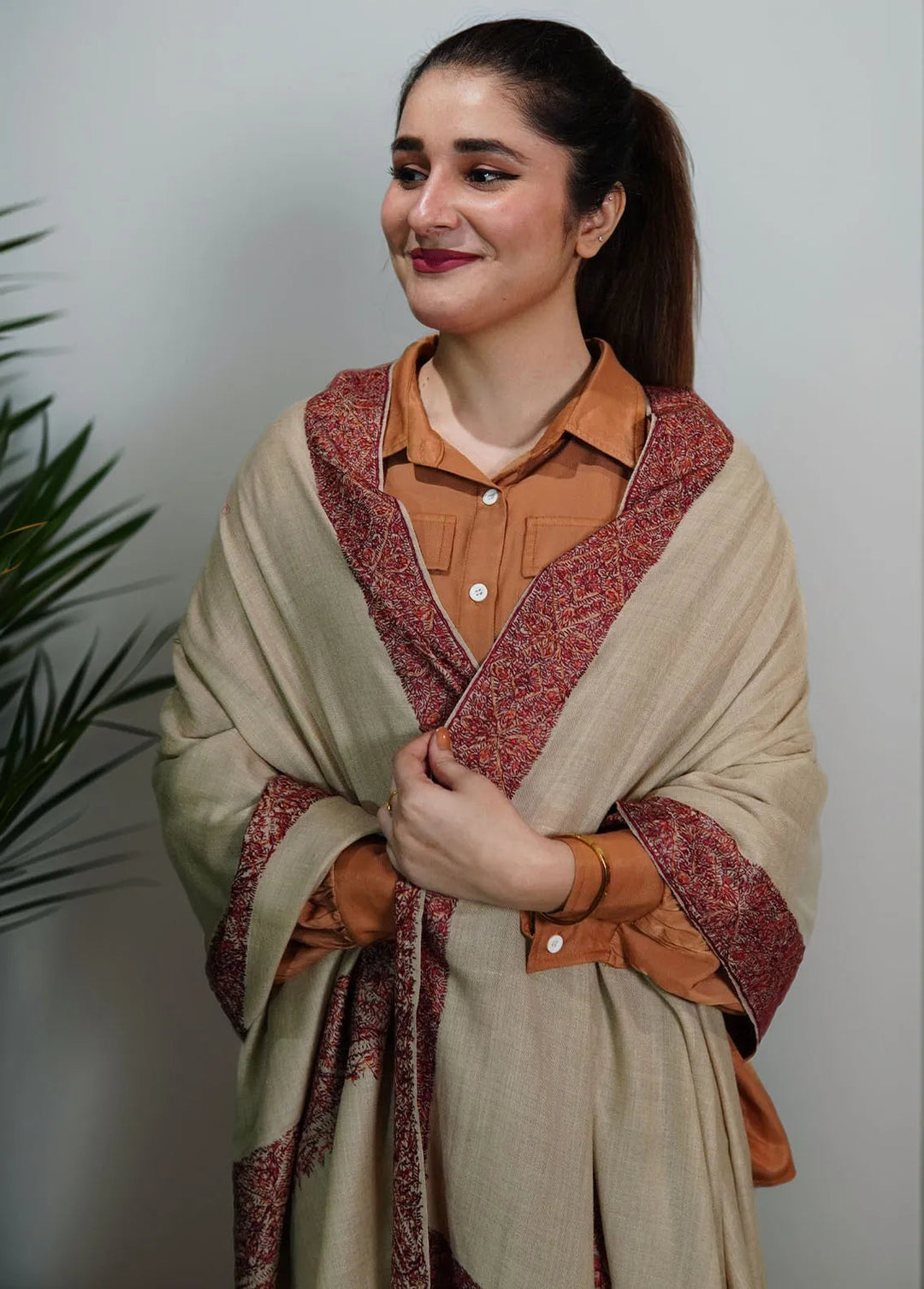 Sanaulla Exclusive Range Pashmina Shawl MAMA D-5 Light Brown - Winter Collection