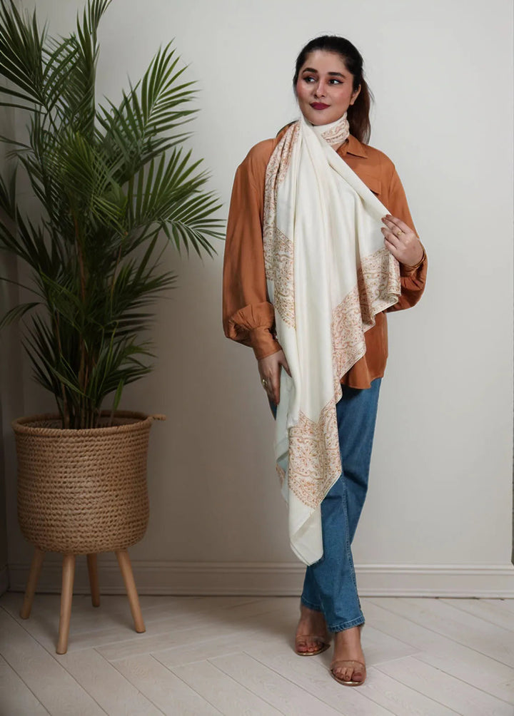 Sanaulla Exclusive Range Pashmina Shawl MAMA D-5 Off White - Winter Collection