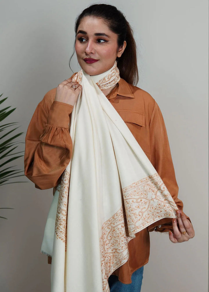 Sanaulla Exclusive Range Pashmina Shawl MAMA D-5 Off White - Winter Collection