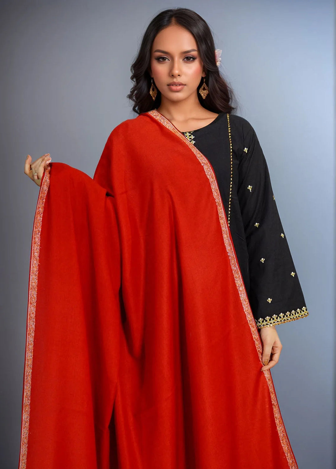 Sanaulla Exclusive Range Pashmina Shawl MAMA D-6 Red 2 - Winter Collection