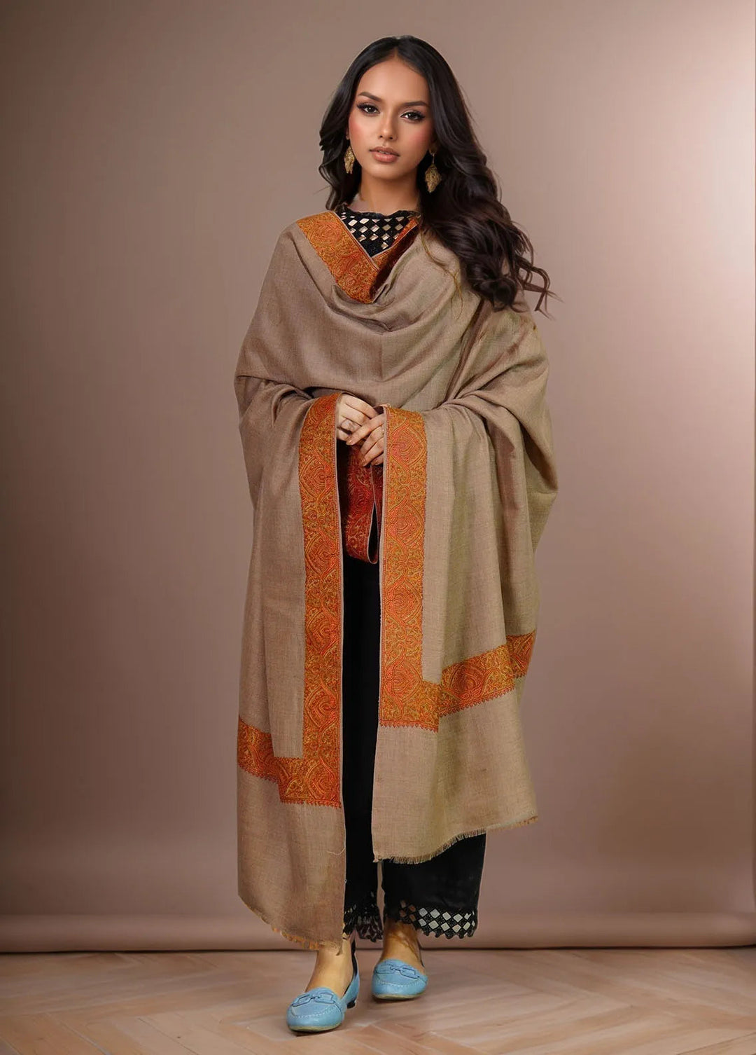Sanaulla Exclusive Range Pashmina Shawl MAMA D-8 Dark Brown 1 - Winter Collection
