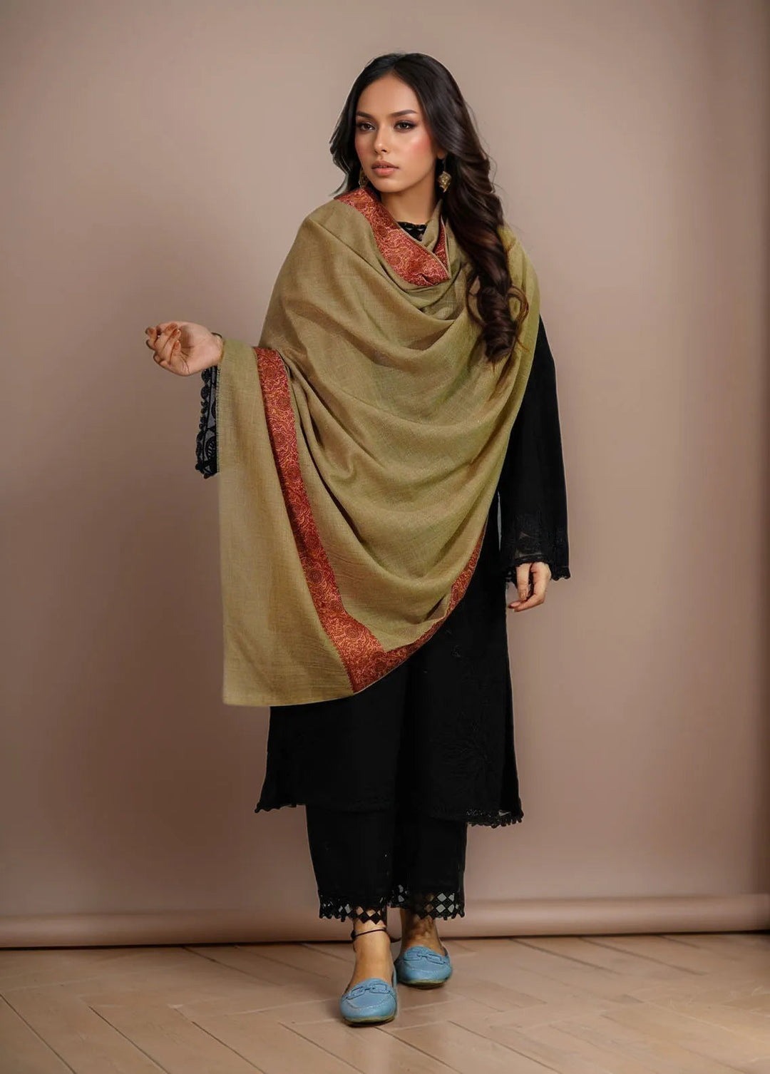 Sanaulla Exclusive Range Pashmina Shawl MAMA D-8 Dark Brown - Winter Collection