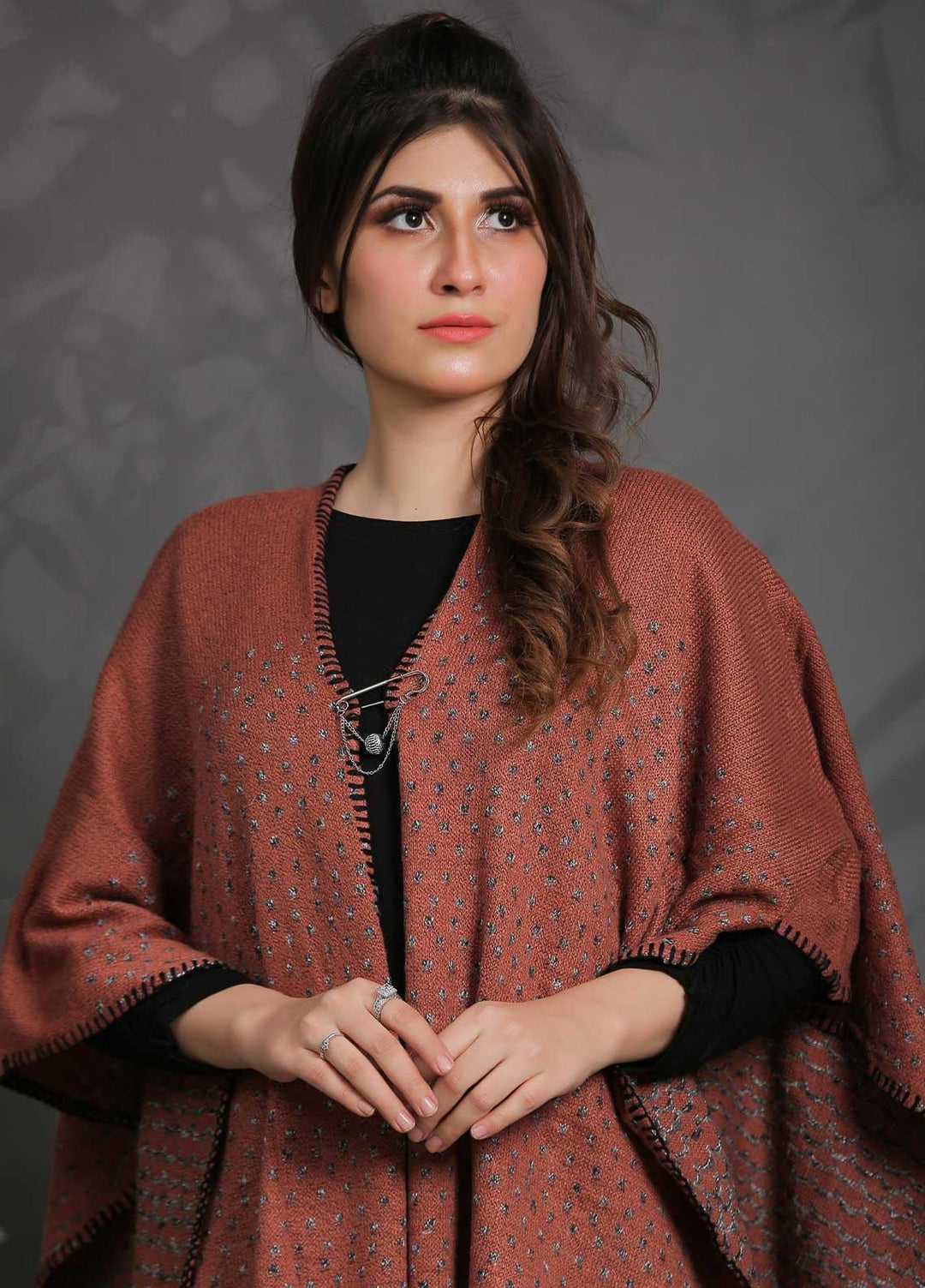 Sanaulla Exclusive Range Fancy Woolen Free Size  Cap Shawl SUE21S G-F F1743-Rust - Woolen Women Sweaters