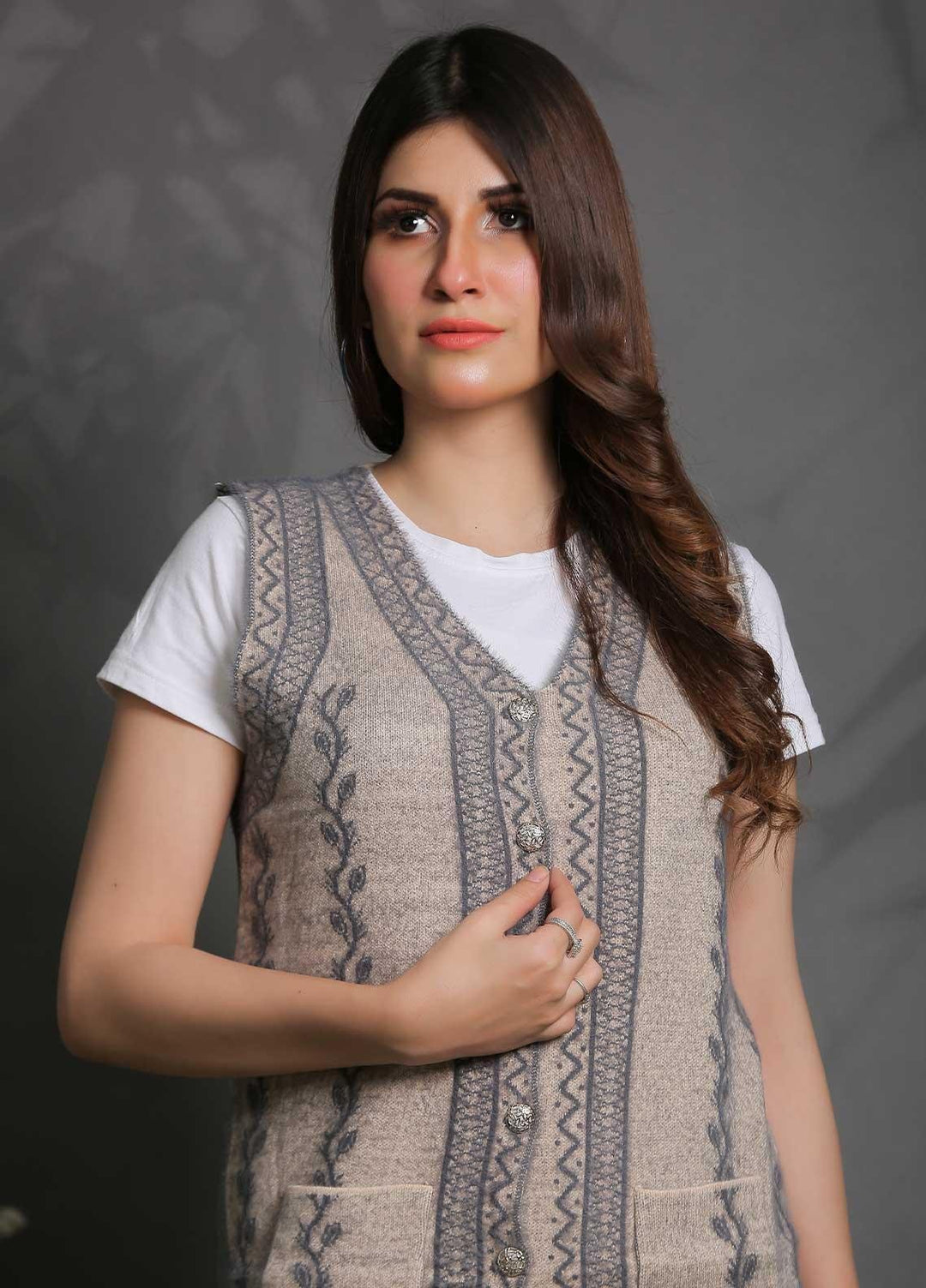 Sanaulla Exclusive Range Fancy Woolen Free Size  Sweater SUE21S G-F F16-D Fawn - Woolen Women Sweaters