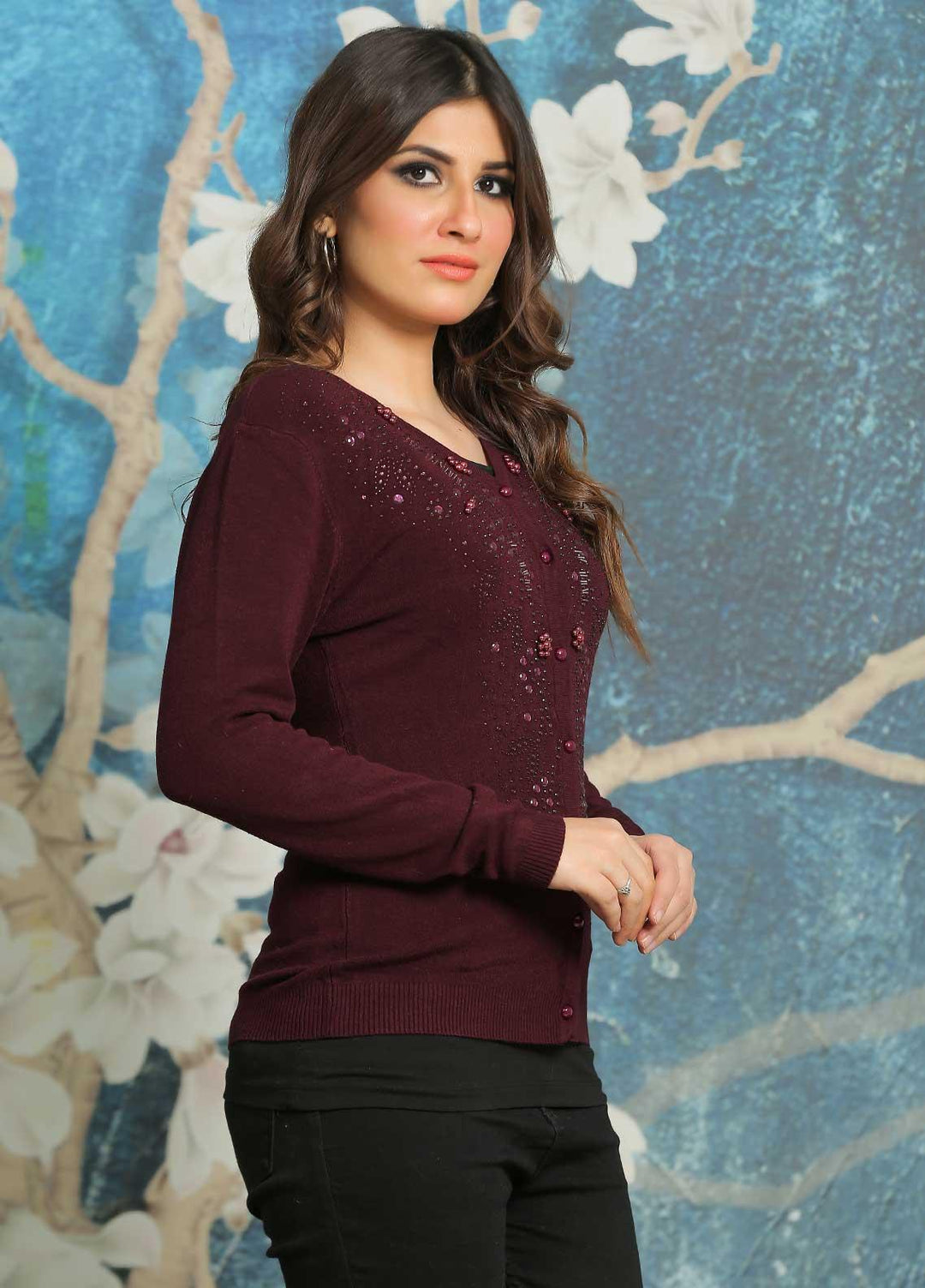 Sanaulla Exclusive Range Fancy Woolen Free Size  Sweater E7018-D Purple - Woolen Women Sweaters