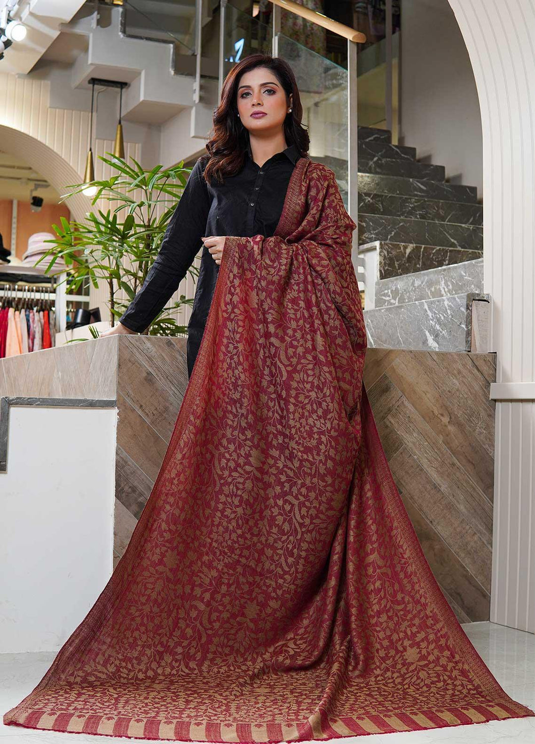 Sanaulla Exclusive Range  Pashmina  Shawls AKP-07 Maroon - Pashmina Shawls