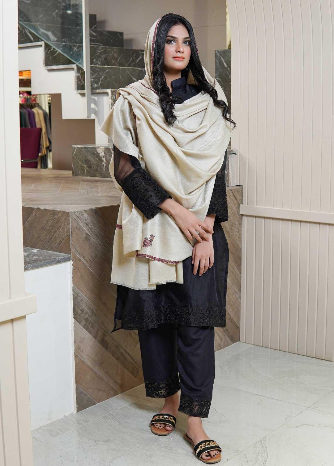 Sanaulla Exclusive Range  Pashmina  Shawls Kingri T DD KPS-21 Fawn03 - Pashmina Shawls