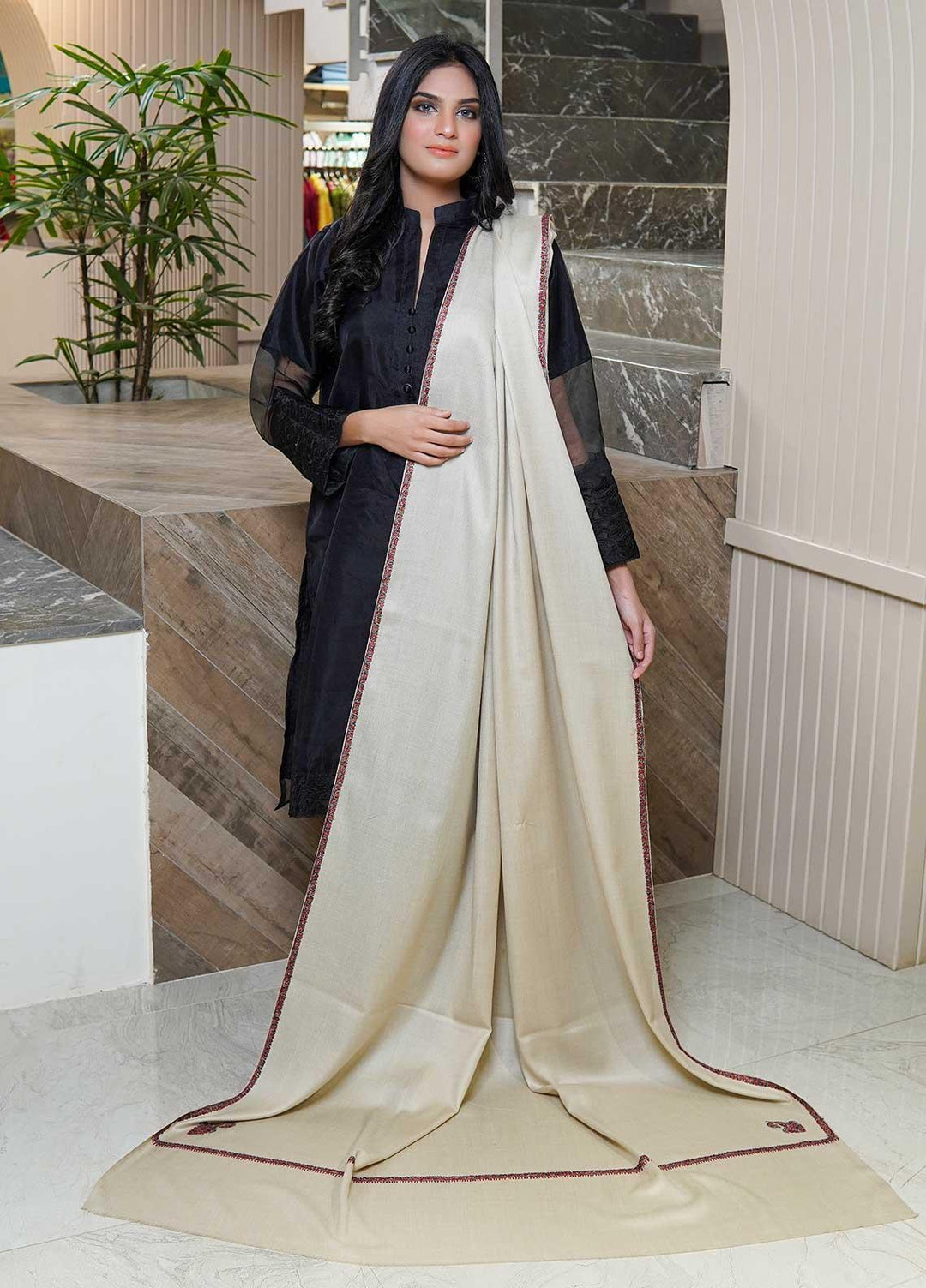 Sanaulla Exclusive Range  Pashmina  Shawls Kingri T DD KPS-21 Fawn03 - Pashmina Shawls