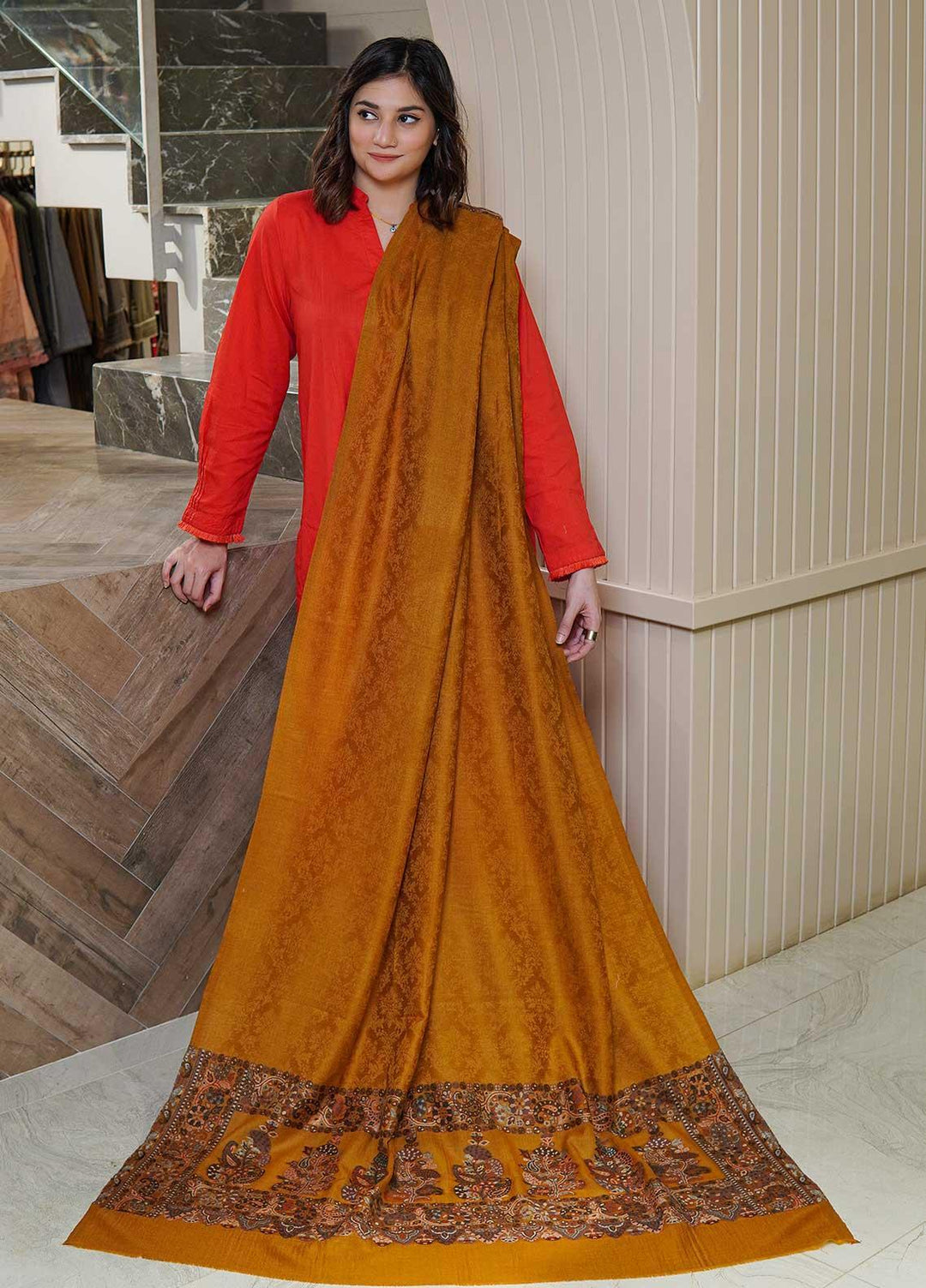 Sanaulla Exclusive Range  Pashmina  Shawls MAMA-09 Mustard-1 - Pashmina Shawls