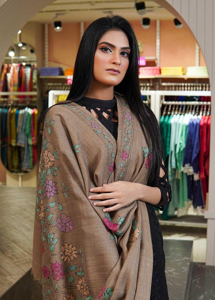 Sanaulla Exclusive Range  Pashmina  Shawls Shadow Emb Paala KPS-08 Black - Pashmina Shawls