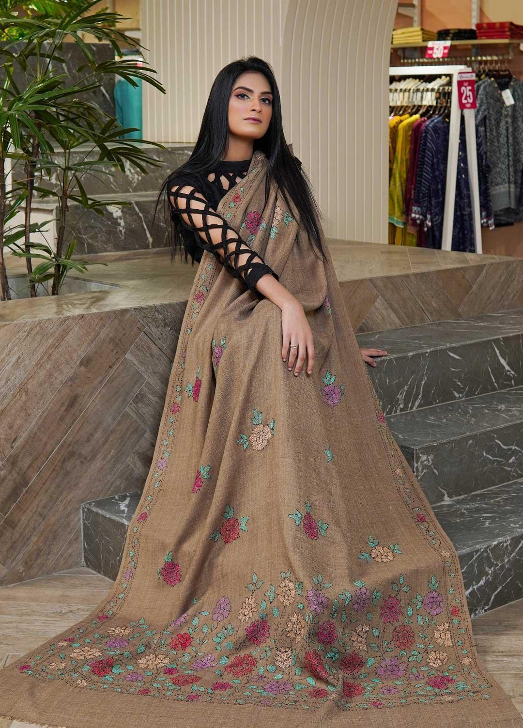 Sanaulla Exclusive Range  Pashmina  Shawls Shadow Emb Paala KPS-08 Black - Pashmina Shawls