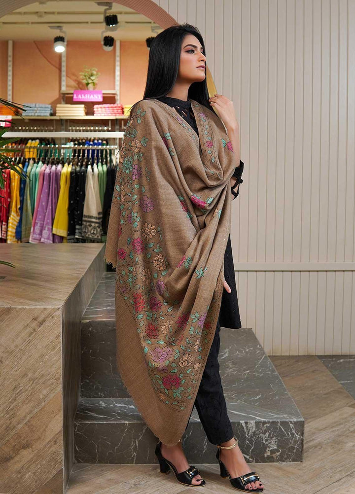 Sanaulla Exclusive Range  Pashmina  Shawls Shadow Emb Paala KPS-08 Black - Pashmina Shawls