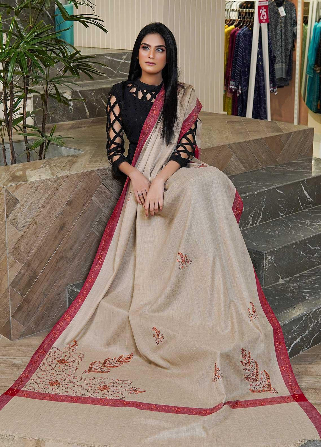 Sanaulla Exclusive Range  Pashmina  Shawls AKP-05 Beige 07 - Pashmina Shawls