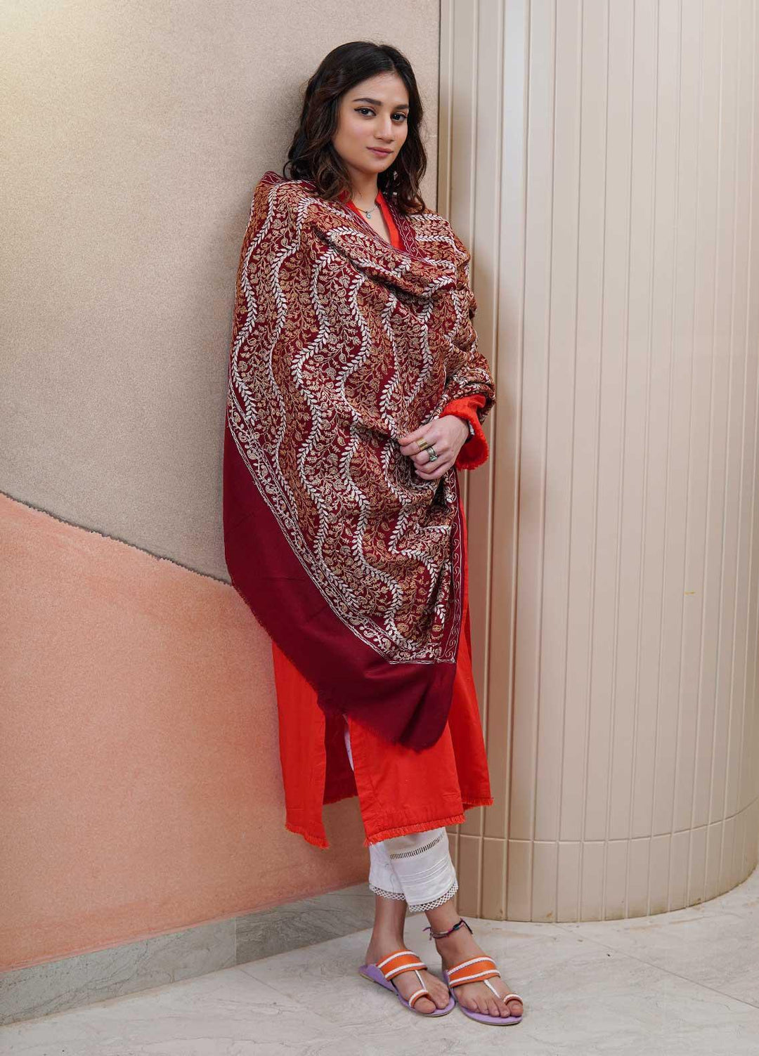 Sanaulla Exclusive Range  Pashmina  Shawls AKP-04 Red - Pashmina Shawls