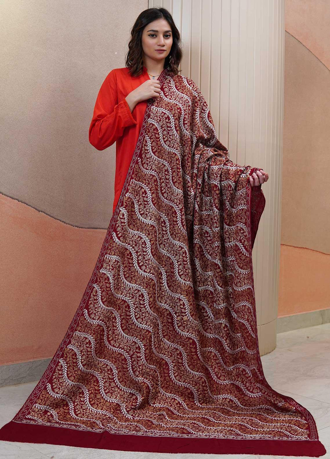 Sanaulla Exclusive Range  Pashmina  Shawls AKP-04 Red - Pashmina Shawls