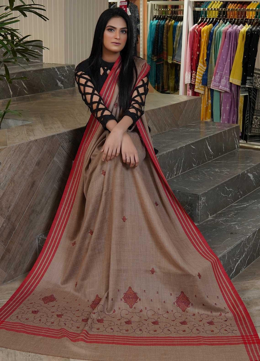 Sanaulla Exclusive Range  Pashmina  Shawls AKP-19 D Brown 03 - Pashmina Shawls