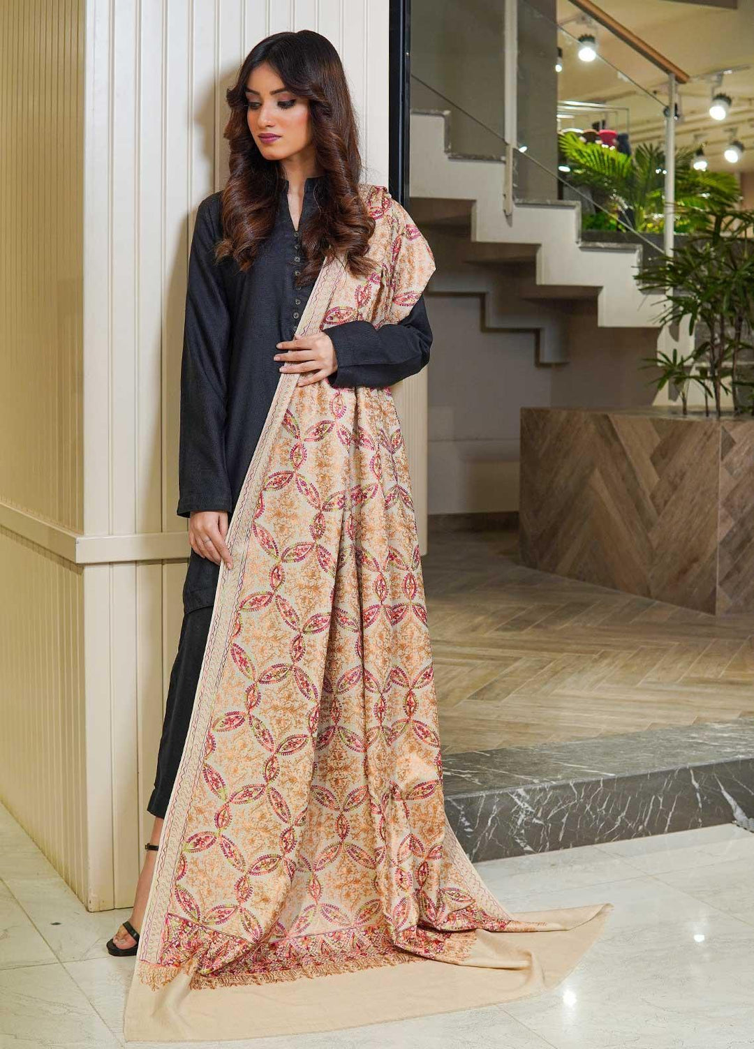 Sanaulla Exclusive Range  Pashmina  Shawls MAMA-22 Beige-2 - Pashmina Shawls