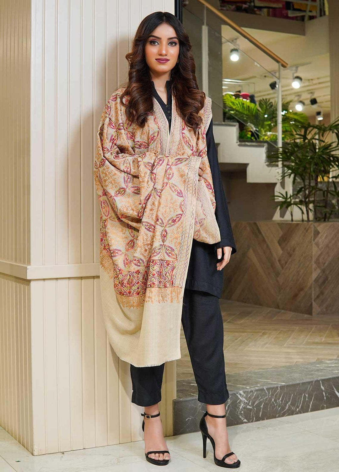 Sanaulla Exclusive Range  Pashmina  Shawls MAMA-22 Beige-2 - Pashmina Shawls