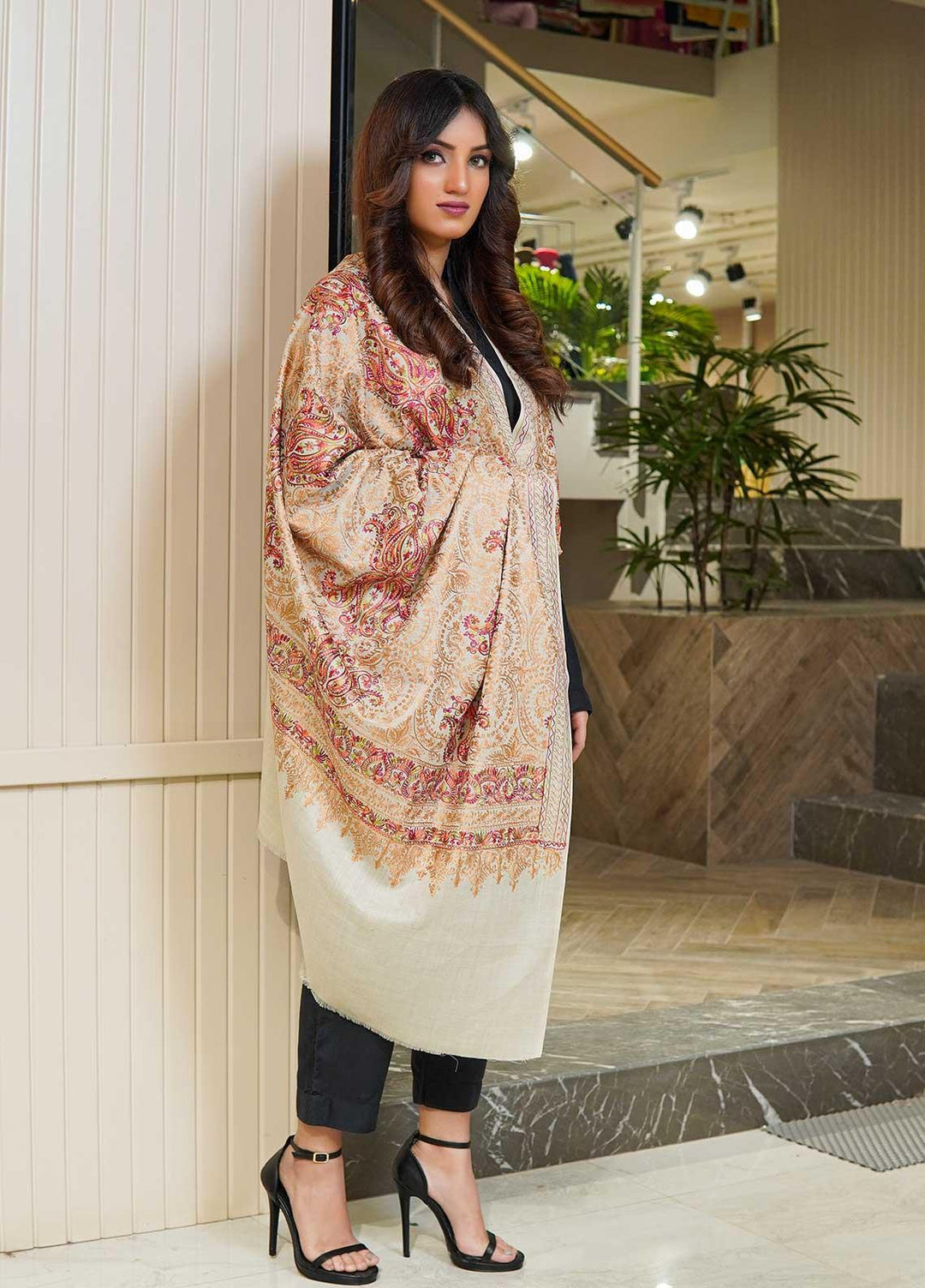 Sanaulla Exclusive Range  Pashmina  Shawls MAMA-22 Beige-1 - Pashmina Shawls