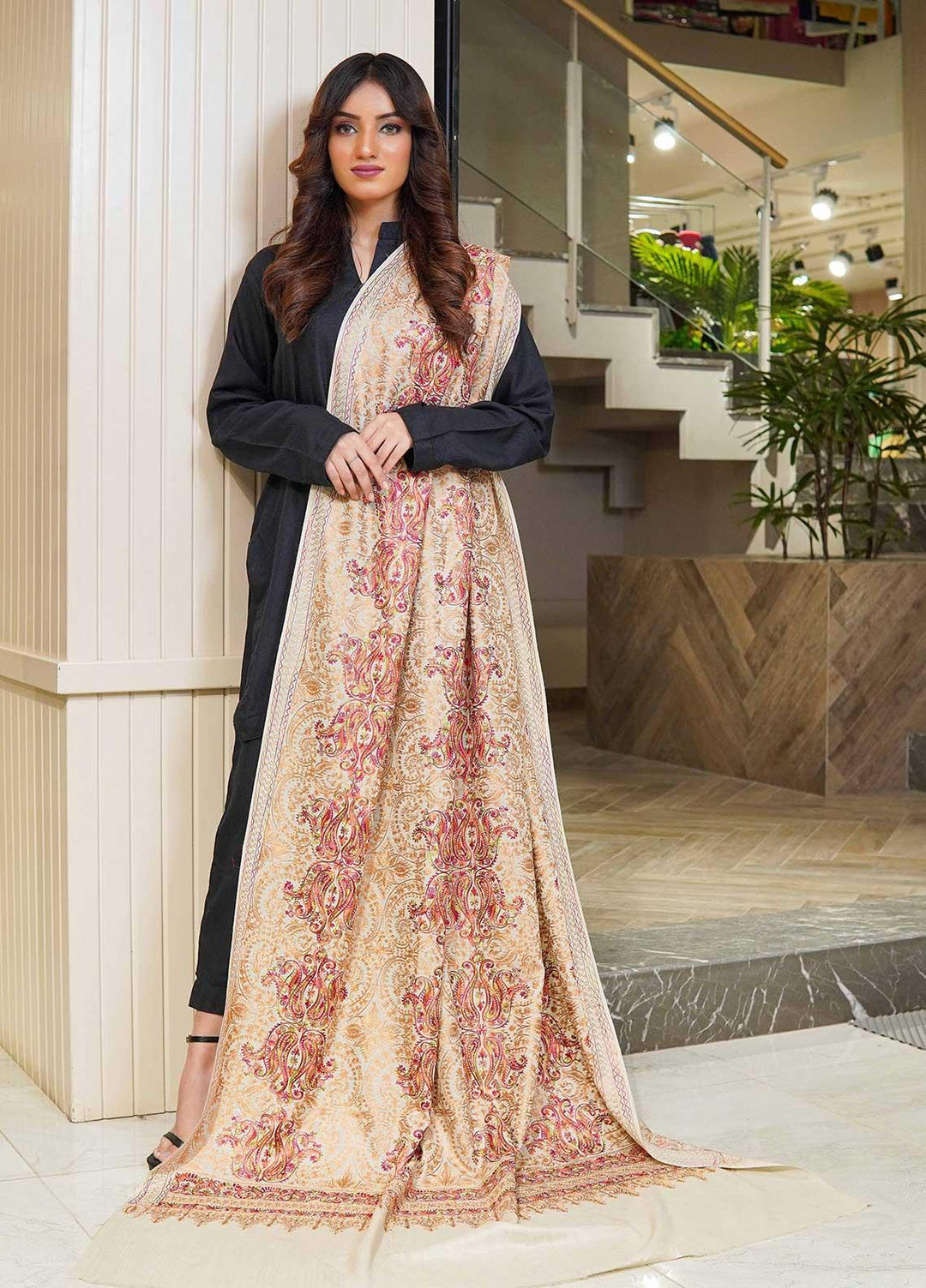 Sanaulla Exclusive Range  Pashmina  Shawls MAMA-22 Beige-1 - Pashmina Shawls