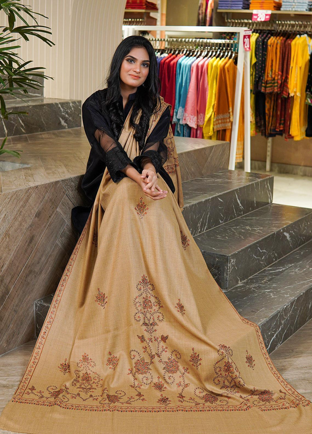 Sanaulla Exclusive Range  Pashmina  Shawls Variety Palla DD KPS-53 Brown - Pashmina Shawls