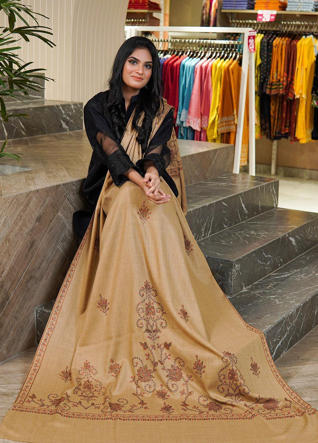 Sanaulla Exclusive Range  Pashmina  Shawls Variety Palla DD KPS-53 Brown - Pashmina Shawls