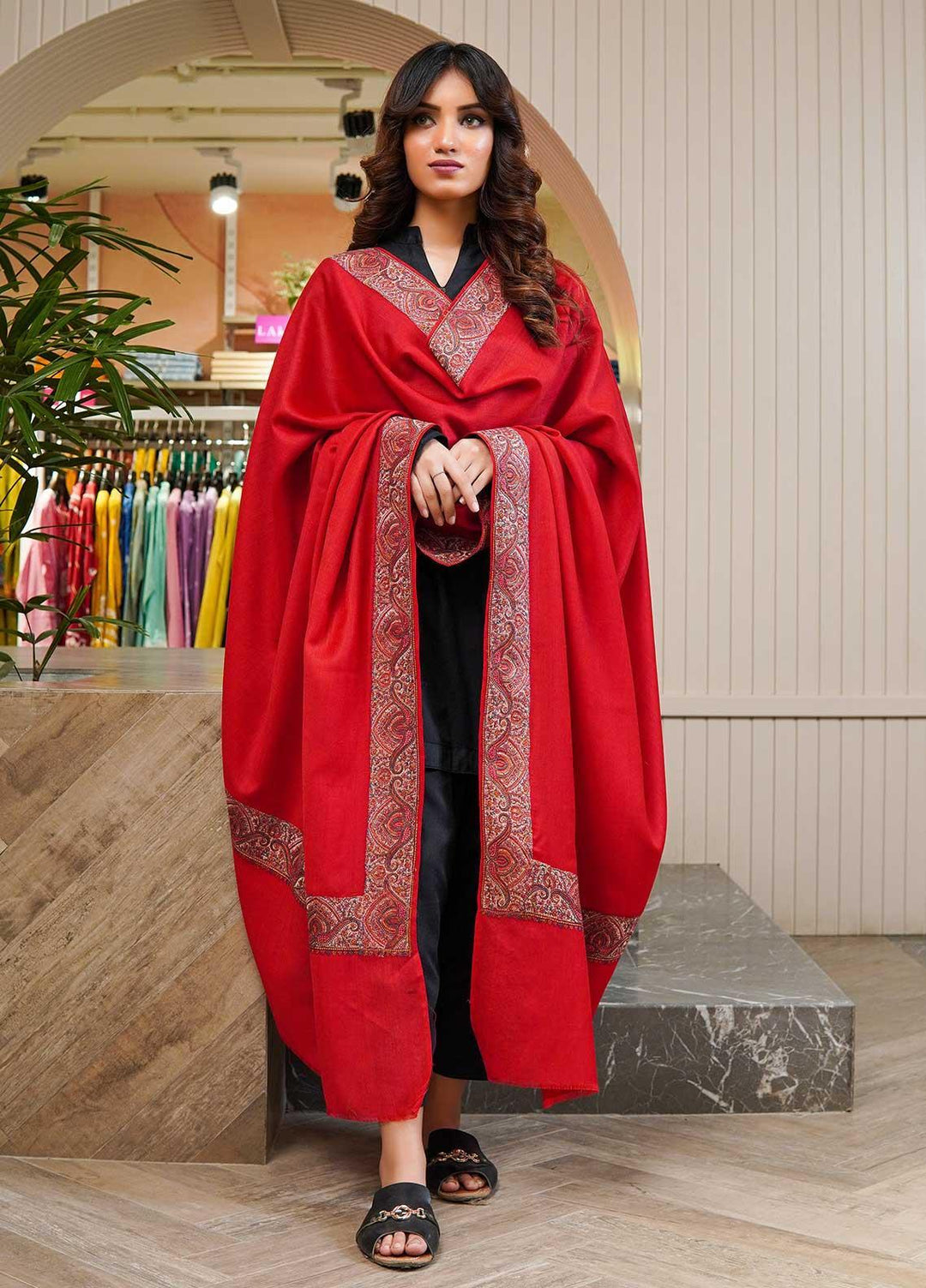 Sanaulla Exclusive Range  Pashmina  Shawls MAMA-31 Red-1 - Pashmina Shawls