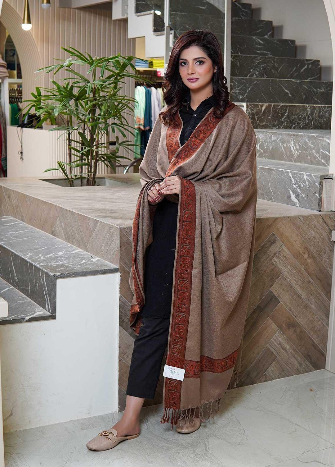 Sanaulla Exclusive Range  Pashmina  Shawls Self Patti Acrylic KPS-06 Brown01 - Pashmina Shawls