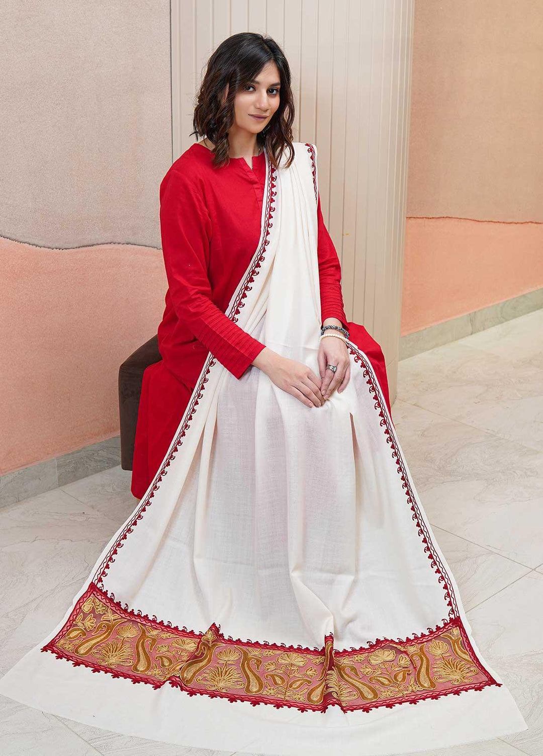 Sanaulla Exclusive Range  Pashmina  Shawls AKP-12 White 02 - Pashmina Shawls