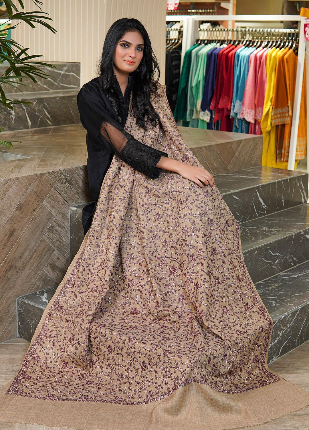 Sanaulla Exclusive Range  Pashmina  Shawls AKP-13 Beige 03 - Pashmina Shawls