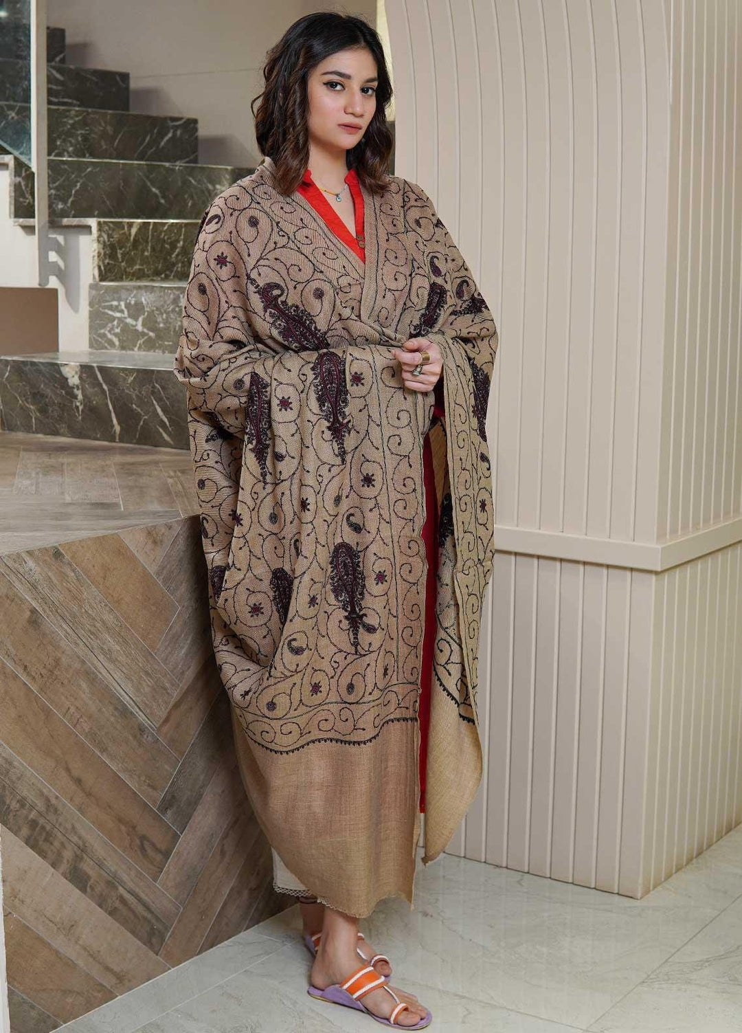 Sanaulla Exclusive Range  Pashmina  Shawls AKP-20 Beige 01 - Pashmina Shawls