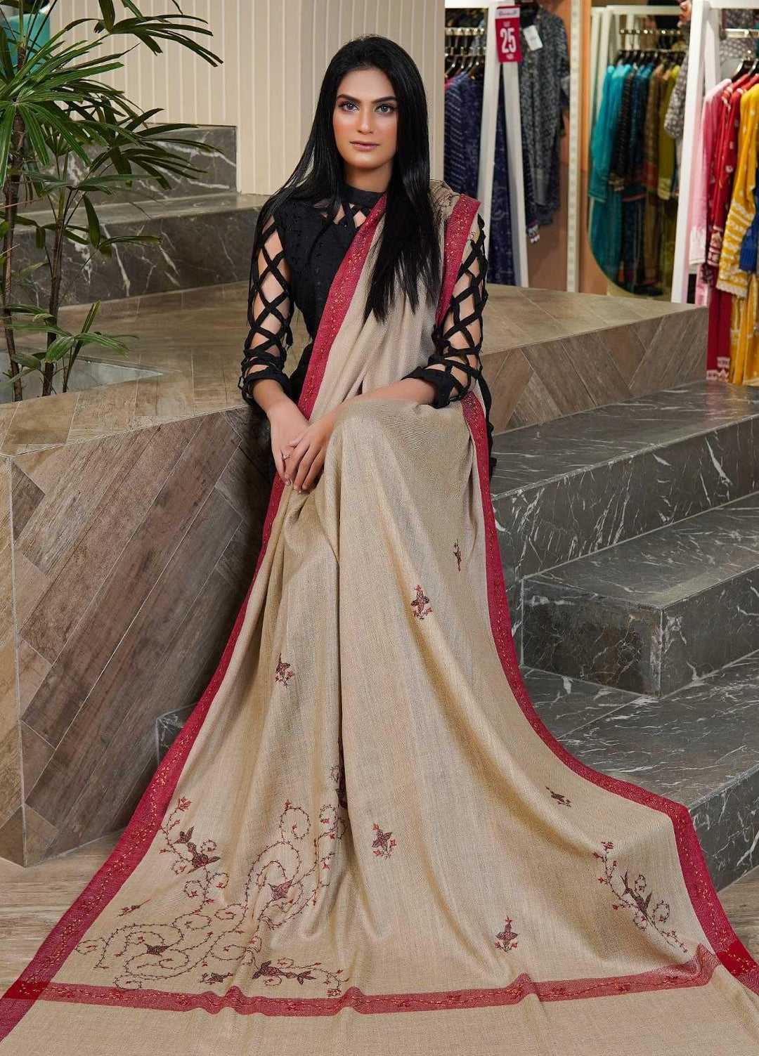 Sanaulla Exclusive Range  Pashmina  Shawls AKP-05 Beige 02 - Pashmina Shawls