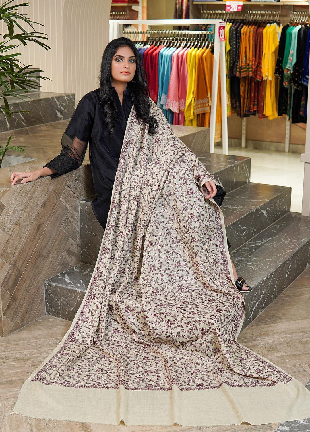 Sanaulla Exclusive Range  Pashmina  Shawls AKP-13 Cream 02 - Pashmina Shawls