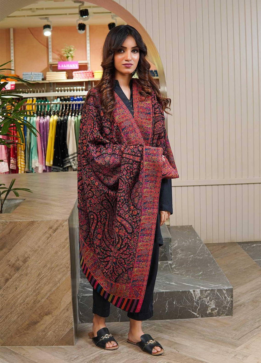 Sanaulla Exclusive Range  Pashmina  Shawls MAMA-08 Black-2 - Pashmina Shawls