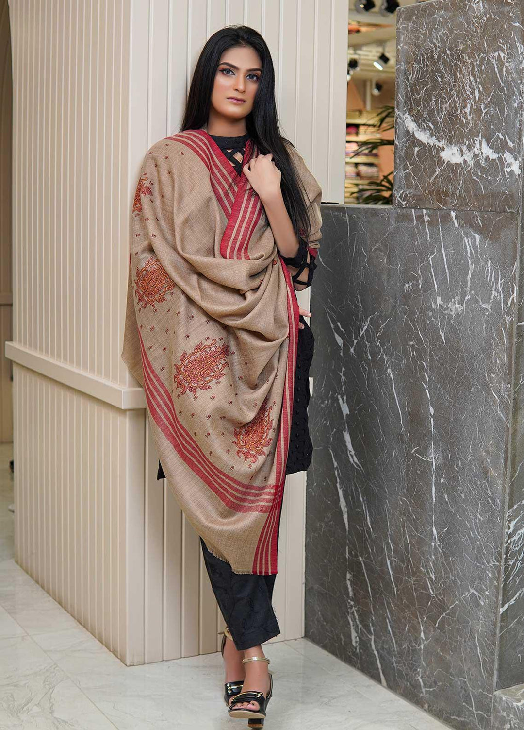 Sanaulla Exclusive Range  Pashmina  Shawls AKP-19 D Brown 04 - Pashmina Shawls