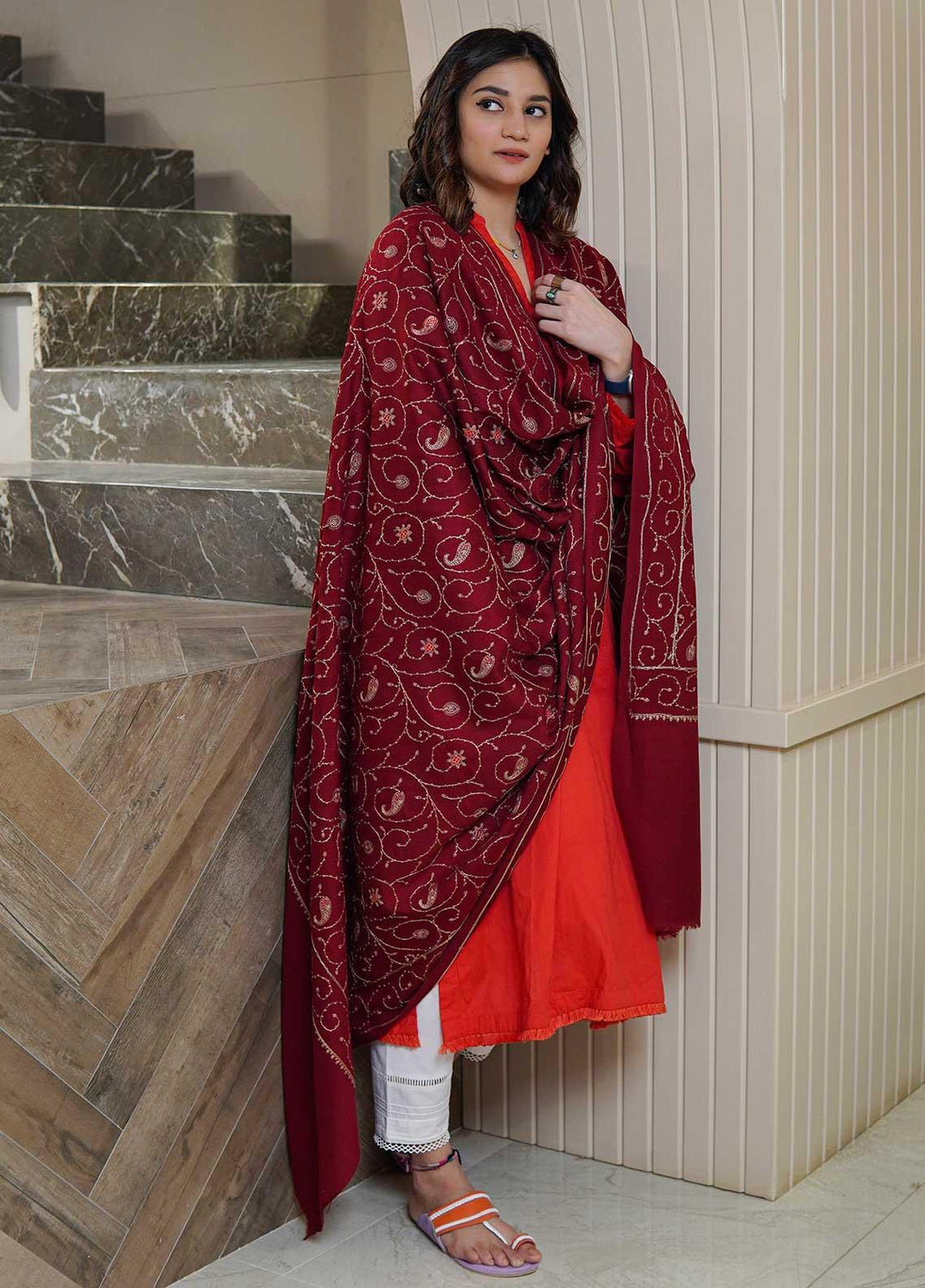 Sanaulla Exclusive Range  Pashmina  Shawls AKP-20 Maroon 02 - Pashmina Shawls