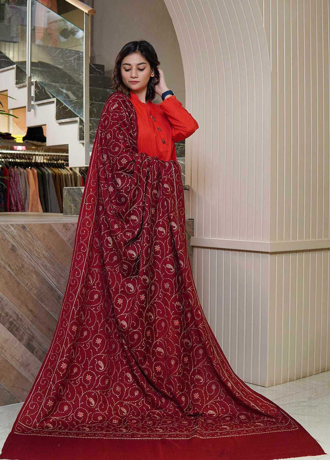 Sanaulla Exclusive Range  Pashmina  Shawls AKP-20 Maroon 02 - Pashmina Shawls