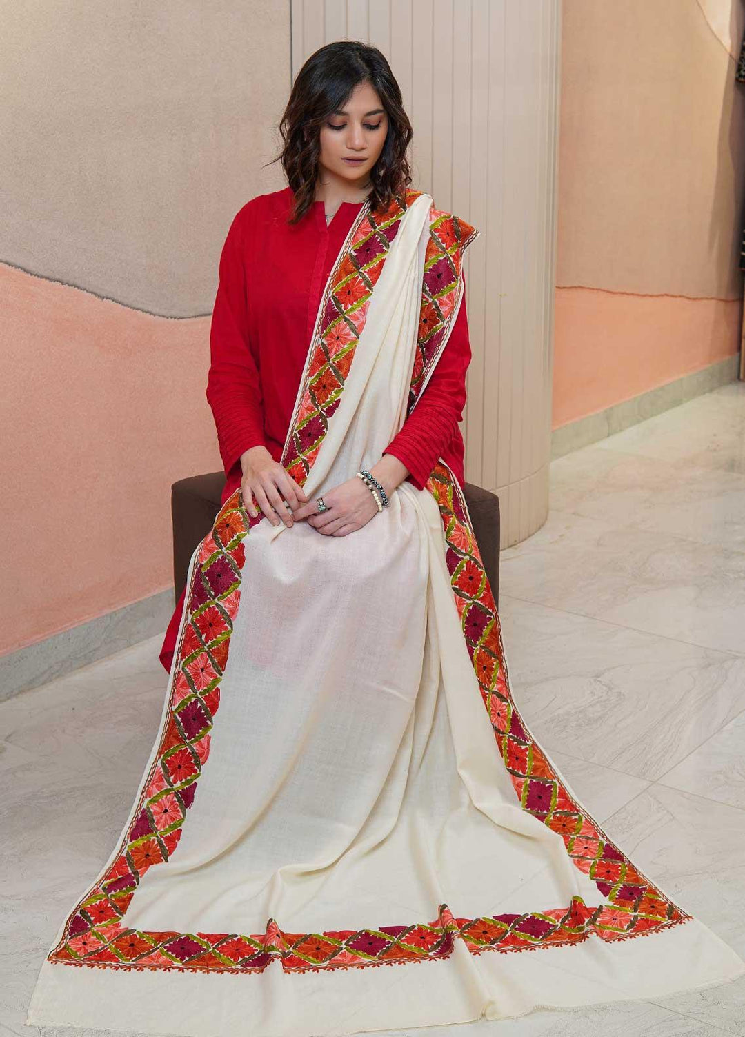 Sanaulla Exclusive Range  Pashmina  Shawls AKP-15 Cream - Pashmina Shawls